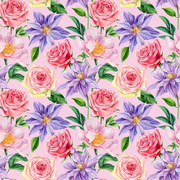Zökkenőmentes minta rózsa, bazsarózsa, clematis virág háttér sablon. Akvarell virágüdvözlő kártya, design — Stock Fotó