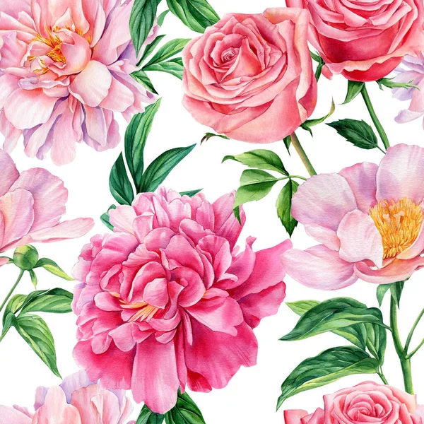 Seamless pattern of rose and peony, flower background template. Watercolor pink floral design, greeting card — Stock Photo, Image