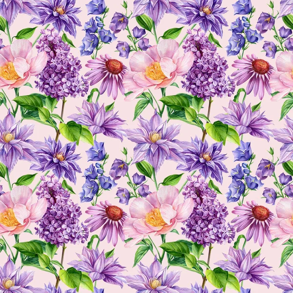 Bazsarózsa, clematis, bluebell, echinacea virág háttér sablon. Akvarell virág, esküvői kártya, zökkenőmentes minta — Stock Fotó