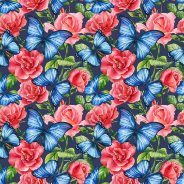Güller, çiçekler ve kelebekler. Kusursuz desen. Suluboya botanik illüstrasyon. Çiçek tasarımı 