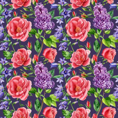 Gül ve leylak çiçeğinin kusursuz deseni. Düğün davetiyeleri için suluboya çiçek, tebrik kartı, tasarım