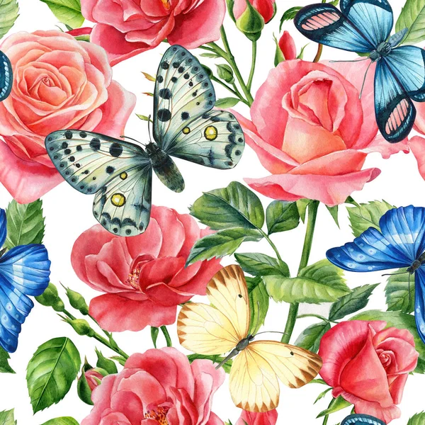 Rose flowers and butterfly. Seamless floral pattern. Hand drawn watercolor botanical illustration — 图库照片