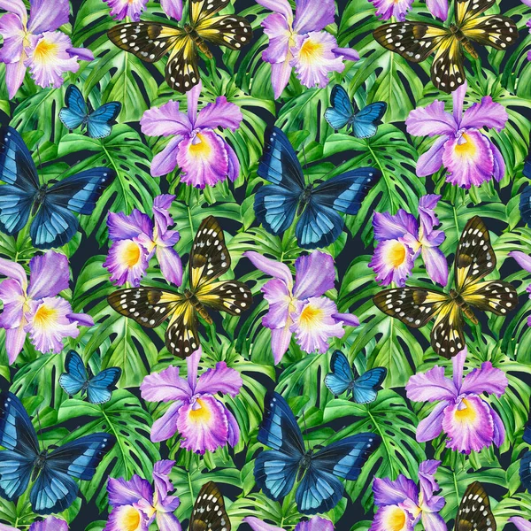 Tropical watercolor plants. Trendy seamless floral pattern, butterflies, flower and palm leaves — ストック写真