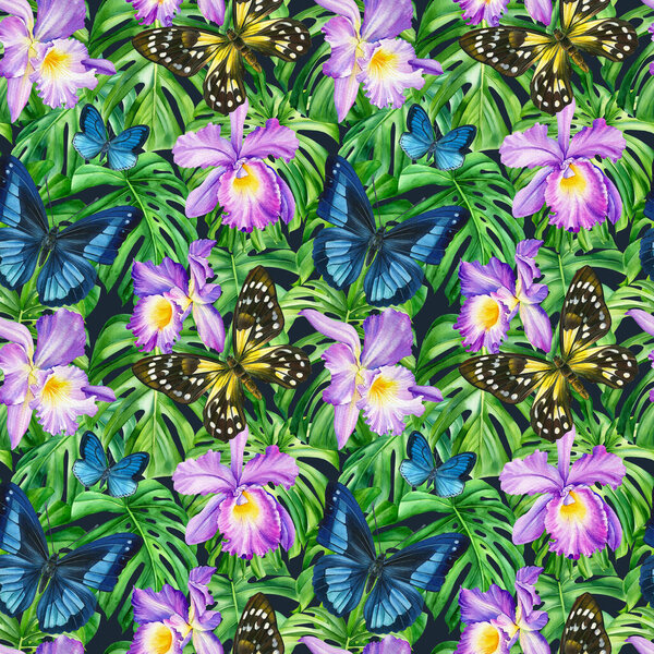 Tropical watercolor plants. Trendy seamless floral pattern, butterflies, flower and palm leaves