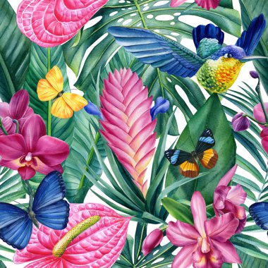 Tropical seamless pattern. Butterfly, hummingbird, flowers and leaves background. Watercolor illustration