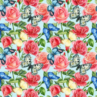 Gül çiçekleri ve kelebek. Kusursuz çiçek deseni. El yapımı suluboya. Kapak, kumaş ve tekstil için tasarım