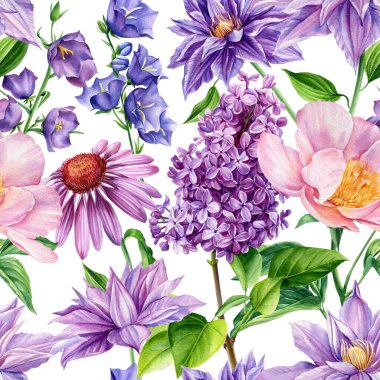 Şakayık, Klematis, BlueBell, Ekinezya çiçeği arka plan şablonu. Suluboya çiçek, düğün kartı, kusursuz desenler. 