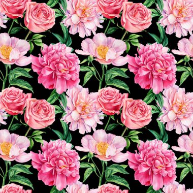 Gül ve şakayığın kusursuz deseni, çiçek arkaplan şablonu. Suluboya pembe çiçek tasarımı, tebrik kartı.