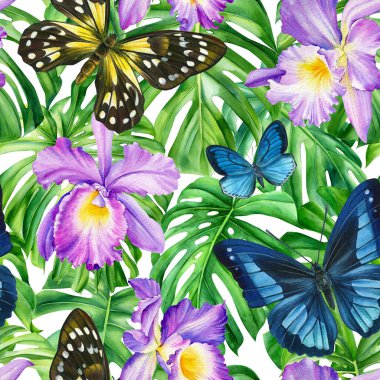 Tropikal arka plan tropikal orkide çiçekleri, palmiye yaprakları, orman yaprakları, kelebekler, kusursuz tropik desenler