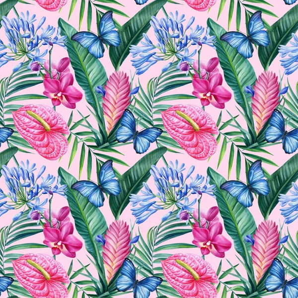 Watercolor floral Seamless pattern. Butterflies, pink flower and palm leaves. Exotic wallpaper in Hawaiian style — 图库照片