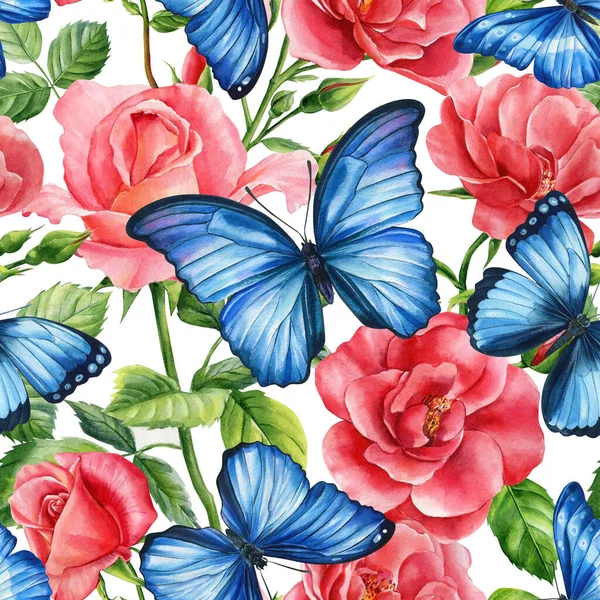 Gül çiçekleri ve kelebek. Kusursuz çiçek deseni. El çizimi suluboya botanik çizimi. Tekstil için tasarım