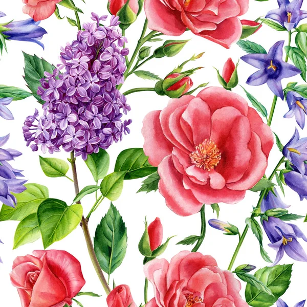 Seamless pattern of rose and lilac flower. Watercolor floral for wedding invitations, greeting card, design — Stok fotoğraf