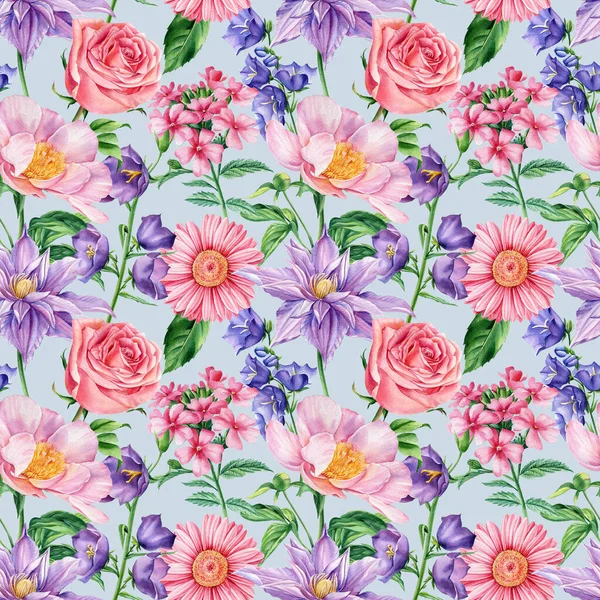 Rose, peonies, clematis, bluebell and verbena flower background template. Watercolor floral Seamless pattern — Stockfoto