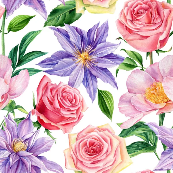 Seamless pattern of rose, peony, clematis flower background template. Watercolor floral greeting card, design — Stok fotoğraf