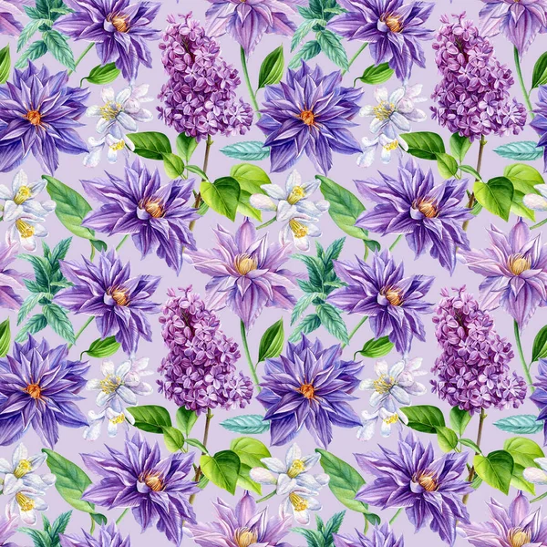 Eflatun pürüzsüz desen, klematis çiçeği arkaplan şablonu. Tebrik kartı ve tasarım için suluboya çiçek