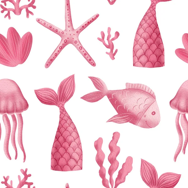Sereia cauda, peixe, estrelas do mar e corais ilustração aquarela. Padrão sem costura — Fotografia de Stock