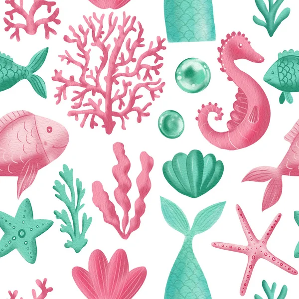 Meerjungfrauenschwanz, Seepferdchen, Fische und Korallen Aquarell Illustration. Nahtloses Muster — Stockfoto