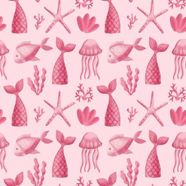 Deniz kızı kuyruğu, balık, denizyıldızı ve mercan suluboya çizimi. Kusursuz desen