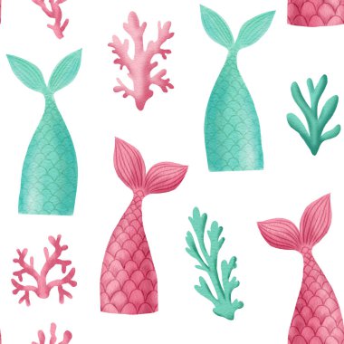 Kusursuz desen, deniz altyapısı deniz kızı kuyruğu ve mercan, suluboya çizimi.