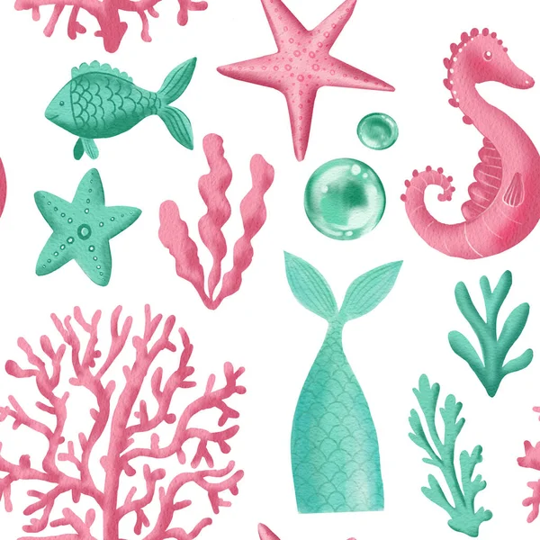 Mermaid tail, seahorse, fish and corals watercolor illustration. Seamless pattern — Photo