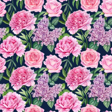 Kusursuz şakayık deseni, güller ve leylak deseni, bir buket yaz çiçeği, suluboya çizimi, çiçek arkaplanı. Yüksek kaliteli illüstrasyon