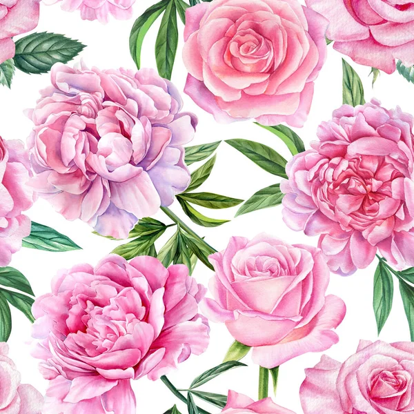 Şakayık ve güllerin kusursuz deseni, bir buket yaz çiçeği suluboya çizimi, çiçek arkaplanı. Yüksek kaliteli illüstrasyon