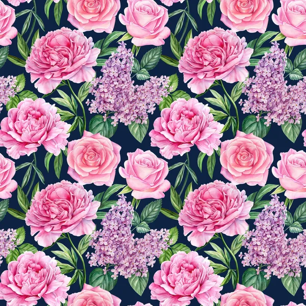 Seamless pattern of peonies, roses and lilac, bouquet of summer flowers, watercolor illustration, floral background. High quality illustration