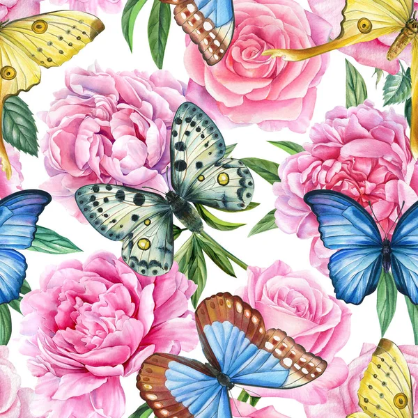 Peonie Rose Farfalle Fiori Estivi Illustrazione Acquerello Motivo Floreale Senza — Foto Stock