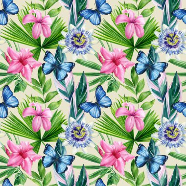 Kusursuz desen. Tropik çiçekler, kelebek ve palmiye yeşili yapraklar. Çiçek arkaplan. - Evet. Yüksek kaliteli illüstrasyon