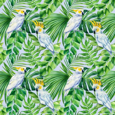 Tropik, pürüzsüz desen. Beyaz arka planda papağan kuşu ve palmiye yeşili yapraklar. - Evet. Yüksek kaliteli illüstrasyon