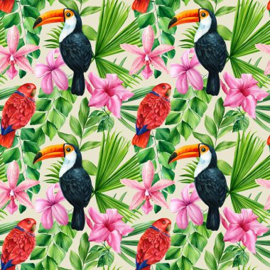 Kusursuz desen. Beyaz arka planda tropikal kuş ve palmiye yeşili yapraklar. - Evet. Yüksek kaliteli illüstrasyon