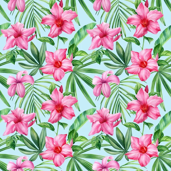 Watercolor seamless pattern tropical leaves and flowers, jungle background. High quality illustration