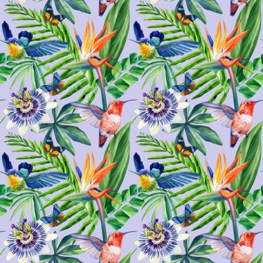 Suluboya desensiz tropikal yapraklar, sinekkuşu ve çiçekler, orman arka planı. Yüksek kaliteli illüstrasyon