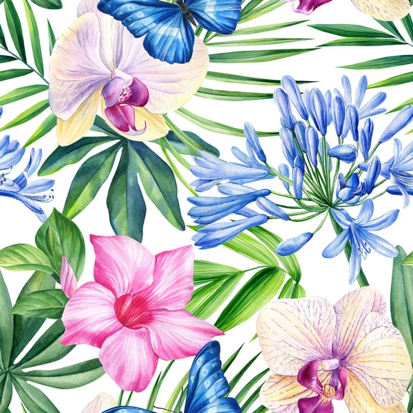Watercolor Seamless Pattern Tropical Leaves Orchid Flowers Jungle Background High — Stock Photo, Image