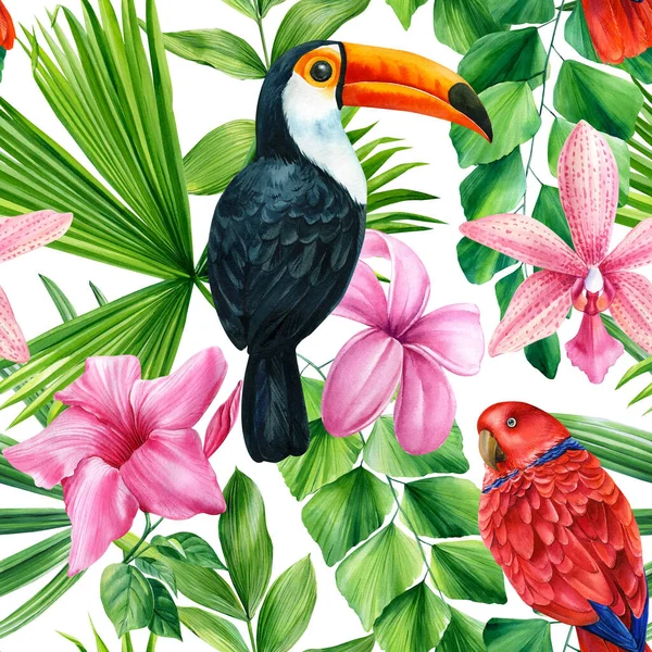 Beyaz arka planda tropik tukan kuşu ve palmiye yeşili yapraklar. Çiçeksiz desen. - Evet. Yüksek kaliteli illüstrasyon