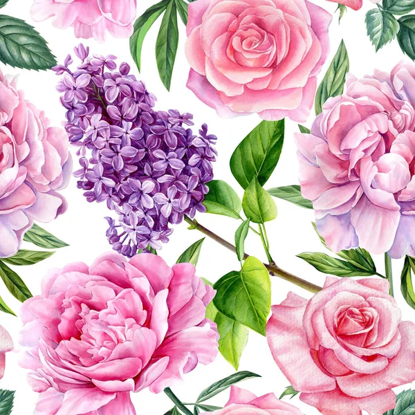 Seamless Pattern Peonies Roses Lilac Bouquet Summer Flowers Watercolor Illustration — Stock Photo, Image
