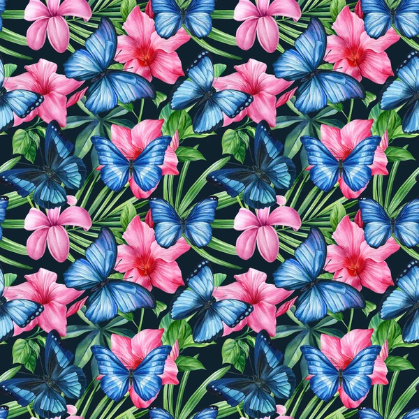 シームレスなパターン 熱帯の花 青い蝶とヤシの緑の葉 花の背景 そうだ 高品質のイラスト — ストック写真