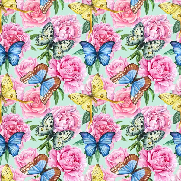 Seamless pattern of peonies, roses and butterflies, summer flowers, watercolor illustration, floral background. High quality illustration