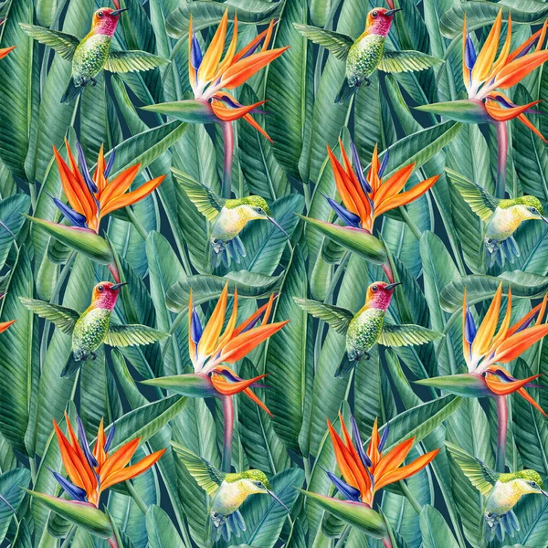 Watercolor seamless pattern tropical leaves and bird flowers, jungle Illustration of modern exotic jungle plants. High quality illustration