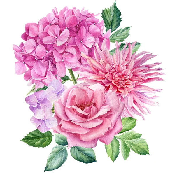 Rosa Dalias Hortensias Hojas Flores Acuarela Ilustración Botánica Ilustración Alta — Foto de Stock