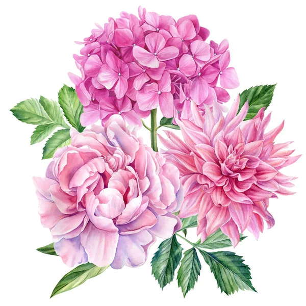 Kwiatowy Wzór Peony Dahlie Hortensje Liście Akwarelowa Ilustracja Botaniczna Wysokiej — Zdjęcie stockowe