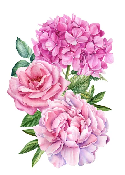 Квіти Півонія Троянда Гортензія Листя Акварельна Ботанічна Ілюстрація Квітковий Дизайн — стокове фото