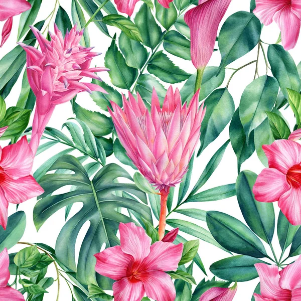 Пальмовые Листья Цветы Акварель Ботанический Фон Тропический Бесшовный Рисунок Высокое — стоковое фото