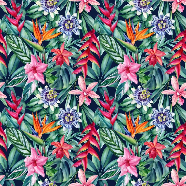 Tropiska Blommor Och Palmblad Vit Bakgrund Akvarell Botaniska Djungelsömlösa Mönster — Stockfoto