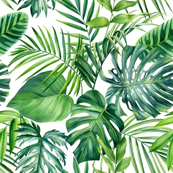 热带绿叶 水彩花无缝图案 高质量的例证 — 图库照片