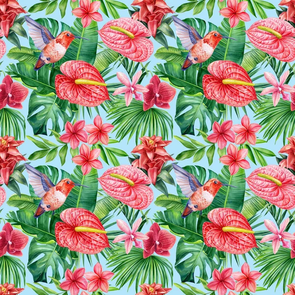 Watercolor floral pattern, tropical leaves, flowers and parrot. High quality illustration