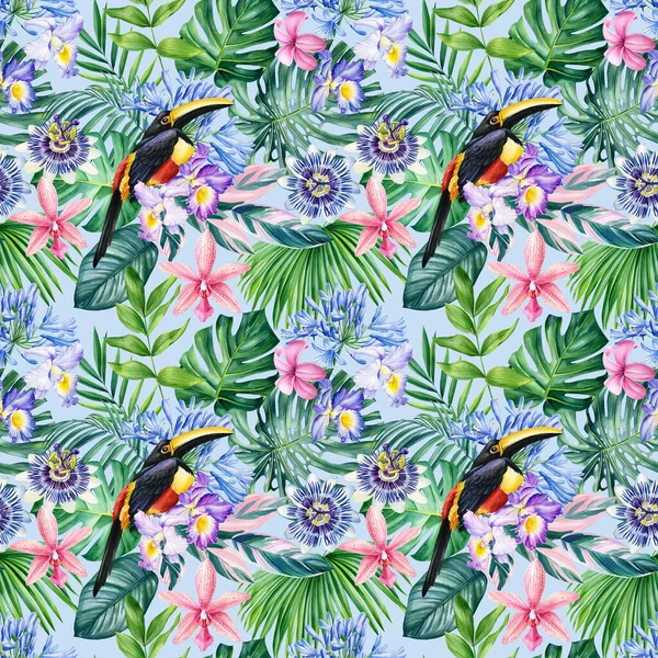 Akvarell Tropiska Blad Blommor Och Toucan Illustration Sömlöst Mönster Högkvalitativ — Stockfoto