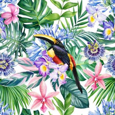 Suluboya çiçek deseni, tropik yapraklar, çiçekler ve papağan. Yüksek kaliteli illüstrasyon