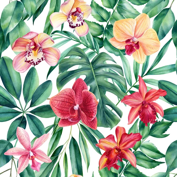 Тропические Листья Орхидеи Акварель Ботанический Фон Бесшовный Рисунок Джунглей Высокое — стоковое фото