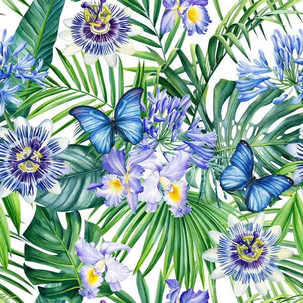 Akvarell Virág Minta Trópusi Levelek Virágok Papagáj Kiváló Minőségű Illusztráció — Stock Fotó